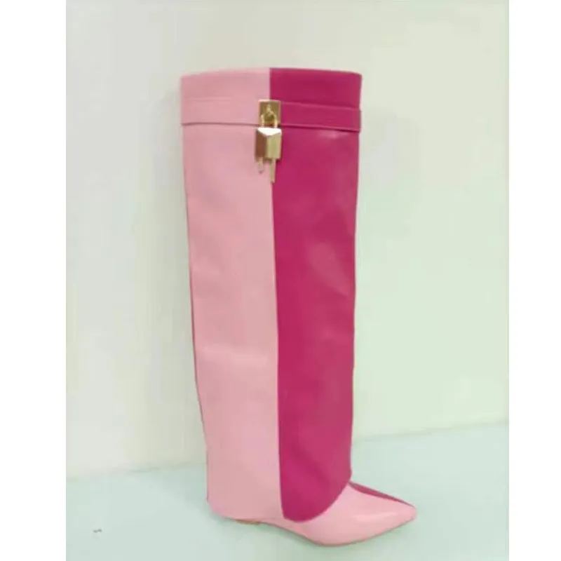 Circular-Headed Large Cylinder Stone-Patterned Shark Buckle Knee-Length Pants Boots