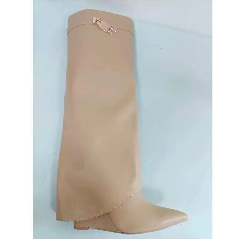 Circular-Headed Large Cylinder Stone-Patterned Shark Buckle Knee-Length Pants Boots