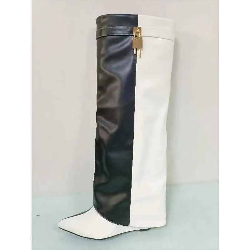 Circular-Headed Large Cylinder Stone-Patterned Shark Buckle Knee-Length Pants Boots
