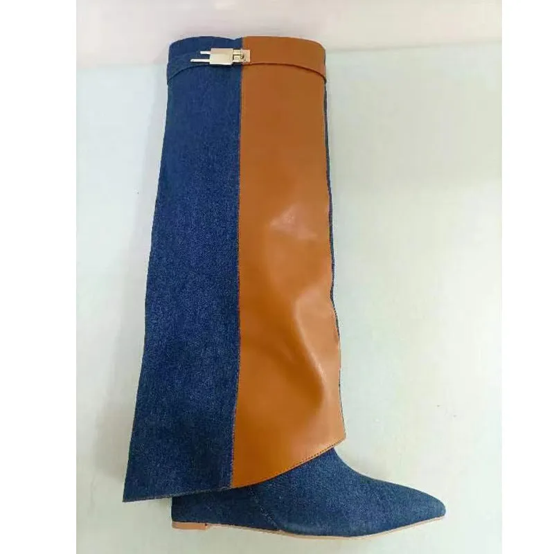 Circular-Headed Large Cylinder Stone-Patterned Shark Buckle Knee-Length Pants Boots