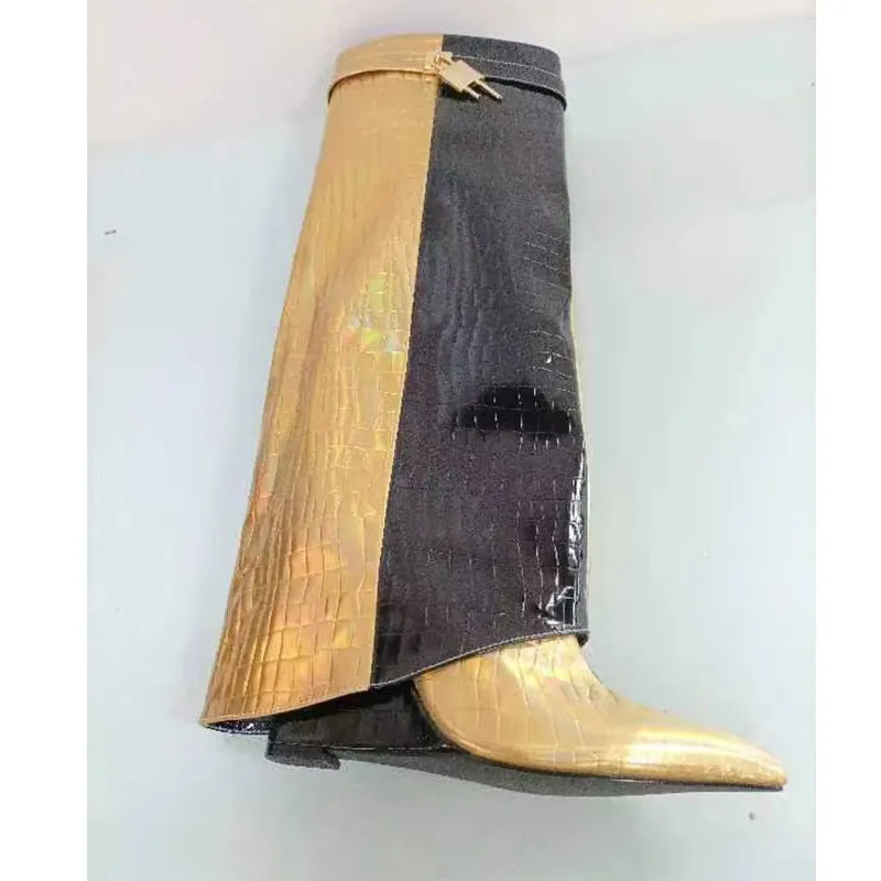 Circular-Headed Large Cylinder Stone-Patterned Shark Buckle Knee-Length Pants Boots