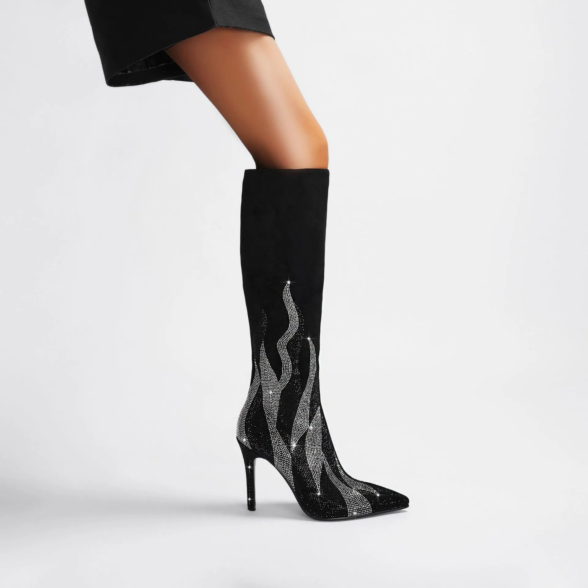 Colorful Rhinestone Embellished Pointed Toe Stiletto Knee-High Boots