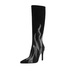 Colorful Rhinestone Embellished Pointed Toe Stiletto Knee-High Boots