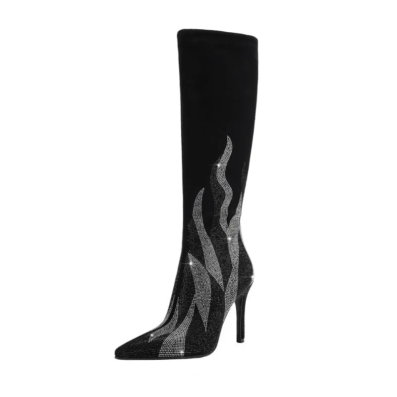 Colorful Rhinestone Embellished Pointed Toe Stiletto Knee-High Boots