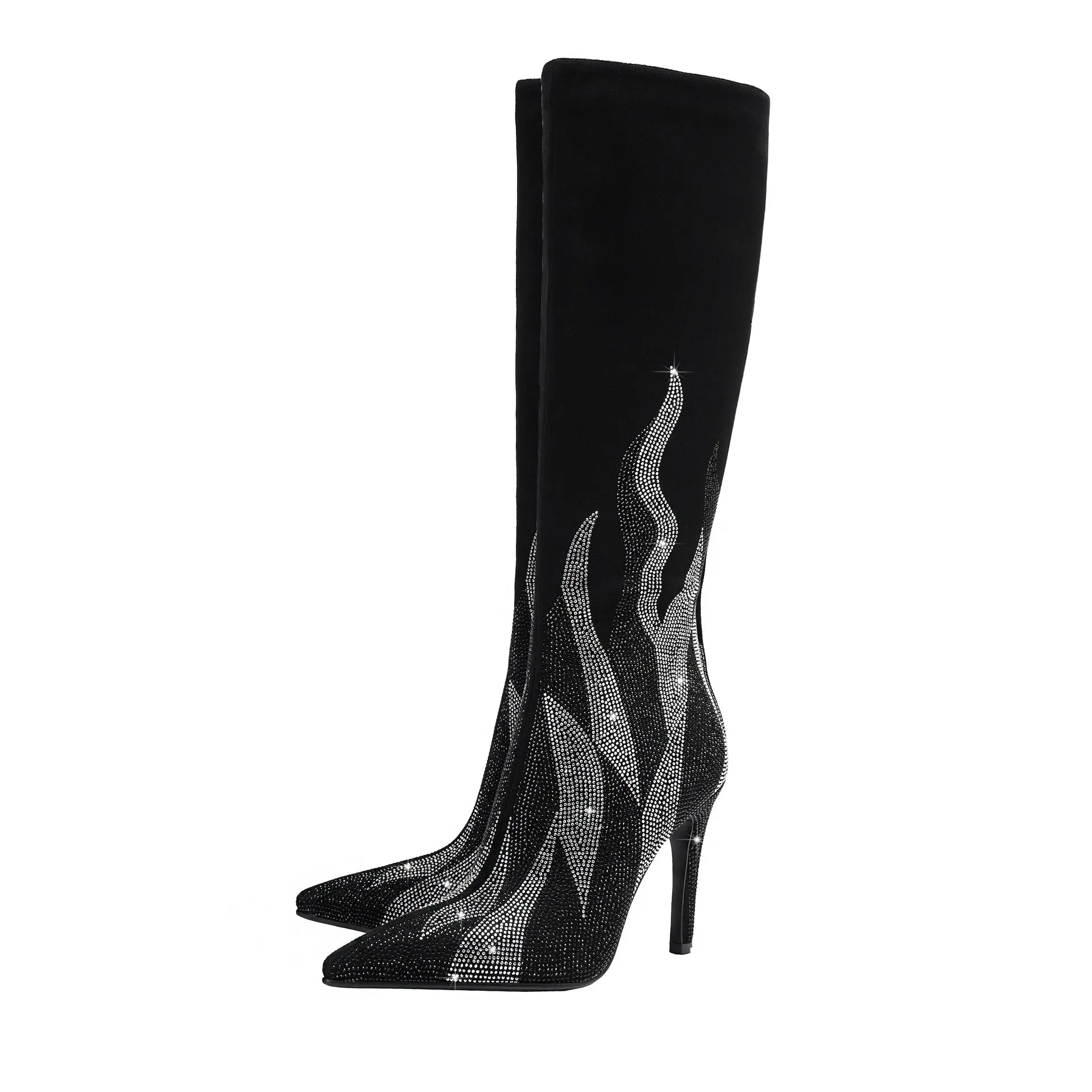 Colorful Rhinestone Embellished Pointed Toe Stiletto Knee-High Boots
