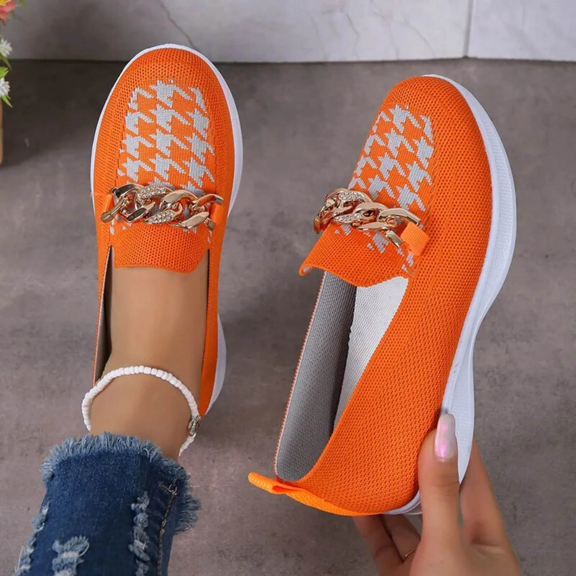 Comfortable loafers for women, casual loafers for women with chain decor