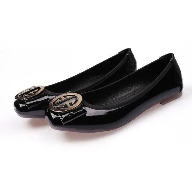 JOKIHA Gorgeous Square Toe Metal Deco Faux Leather Ballet Style Shoes