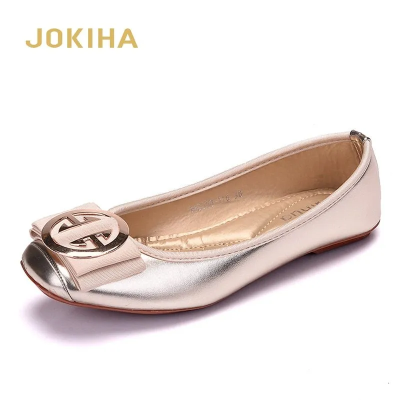 JOKIHA Gorgeous Square Toe Metal Deco Faux Leather Ballet Style Shoes