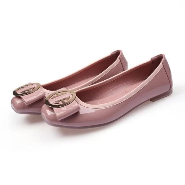 JOKIHA Gorgeous Square Toe Metal Deco Faux Leather Ballet Style Shoes