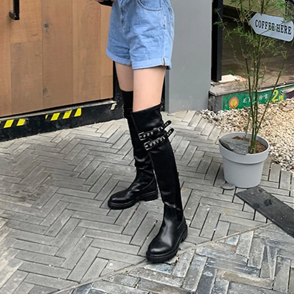 Ladies Round Toe Over Knee Boots Flat Leather with Buckle