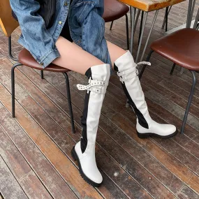 Ladies Round Toe Over Knee Boots Flat Leather with Buckle