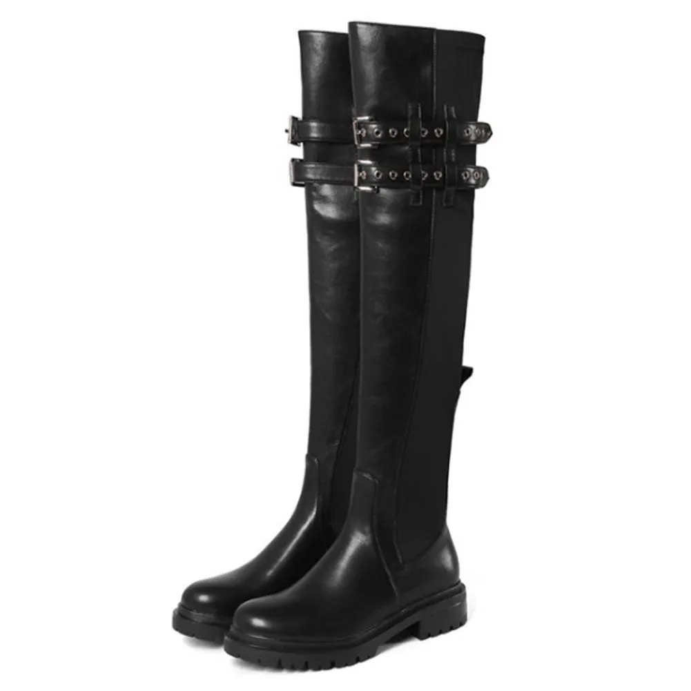 Ladies Round Toe Over Knee Boots Flat Leather with Buckle