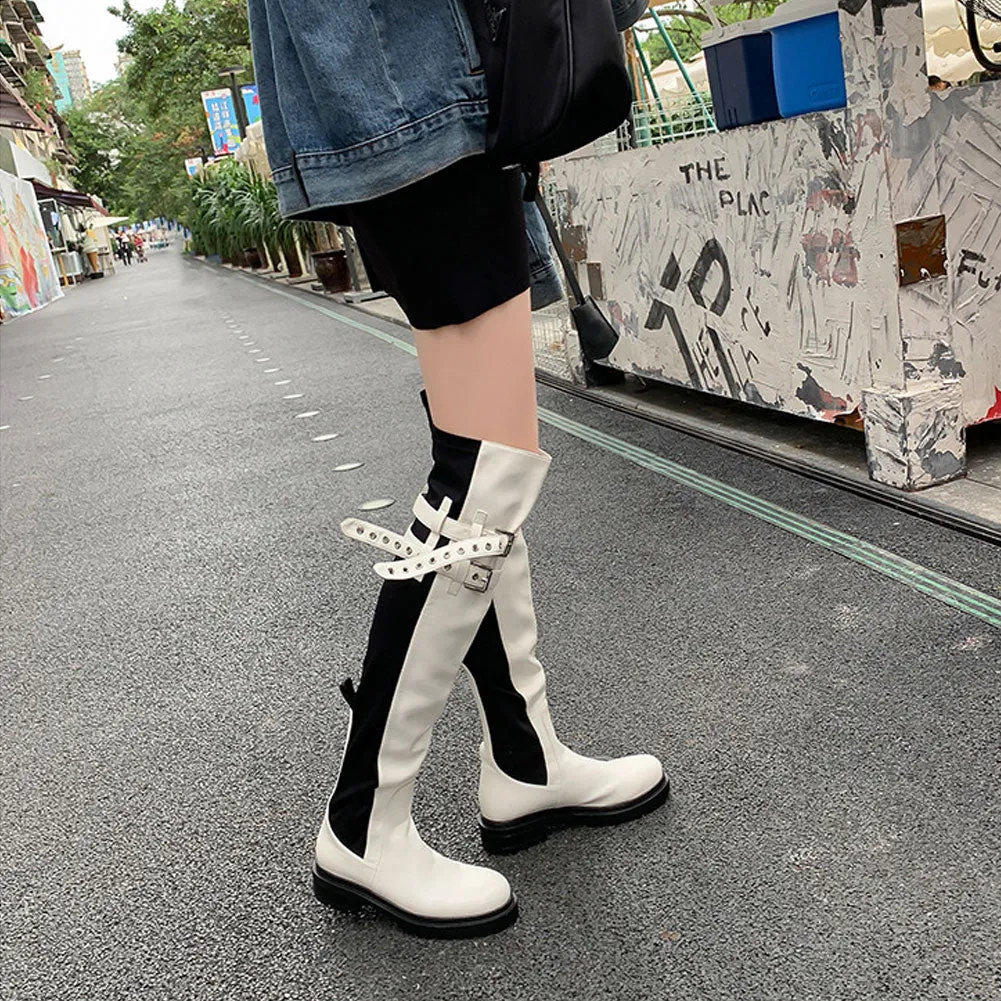 Ladies Round Toe Over Knee Boots Flat Leather with Buckle