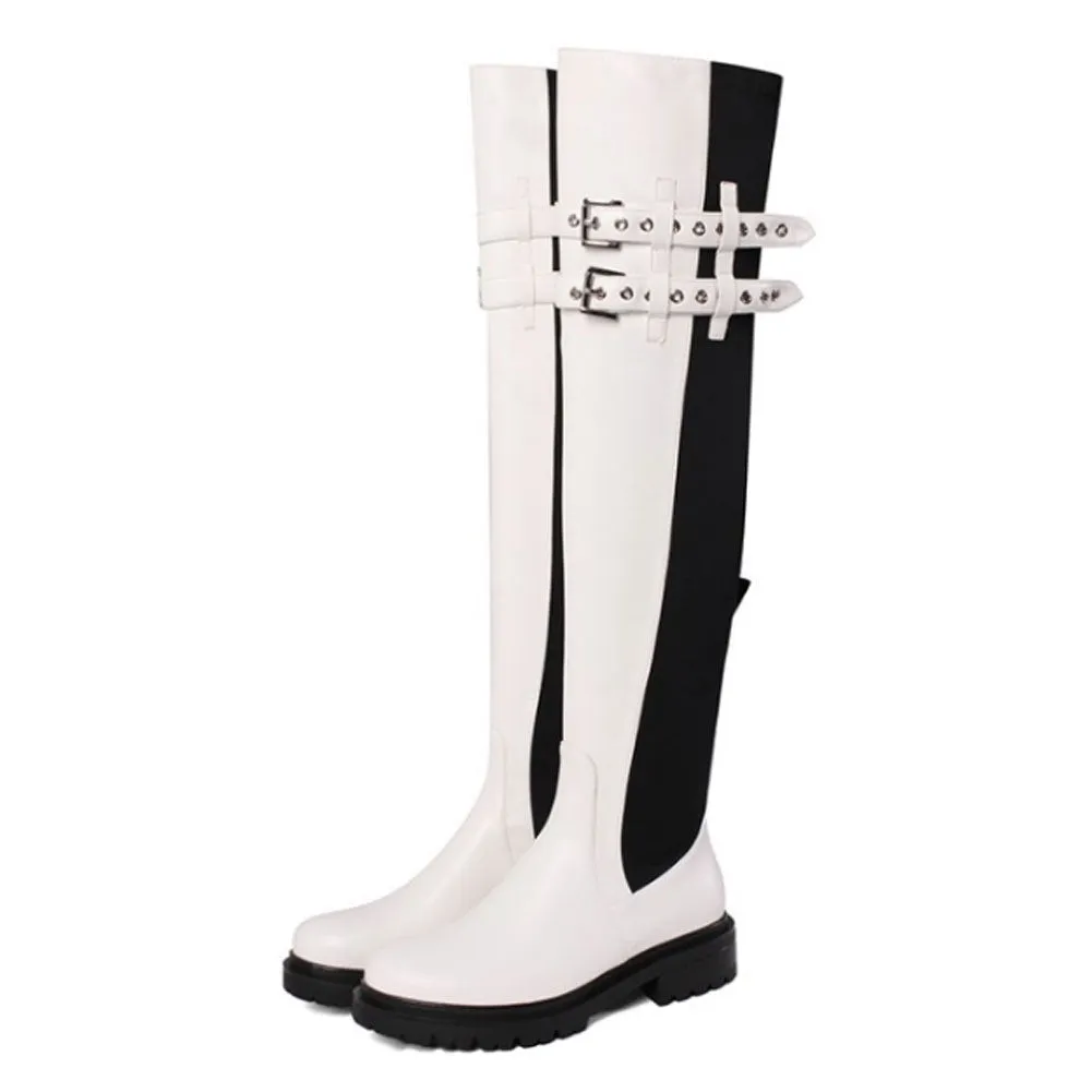 Ladies Round Toe Over Knee Boots Flat Leather with Buckle