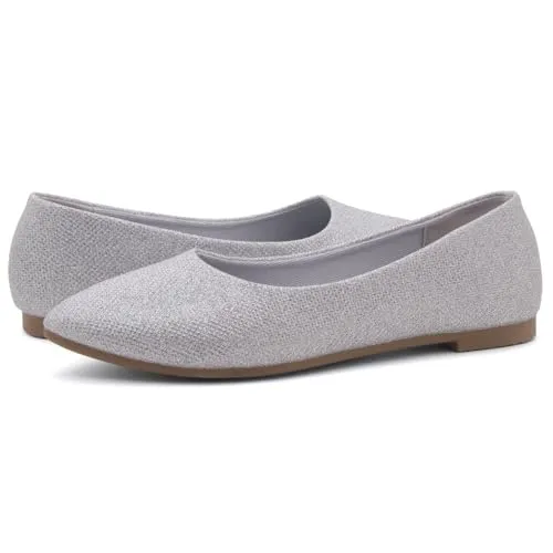 Shoe Land Womens SL-Kathleen Ballet Flats Pointed Toe Flat Shoes Classic Ballerina Comfort Dressy Shoes for Daily Work Office, SilverShimmer, Size 8.0