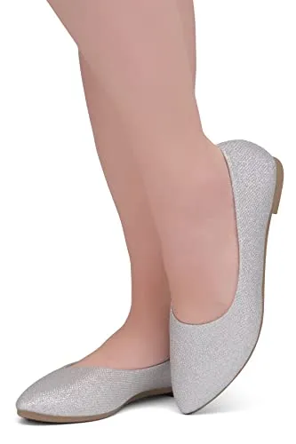 Shoe Land Womens SL-Kathleen Ballet Flats Pointed Toe Flat Shoes Classic Ballerina Comfort Dressy Shoes for Daily Work Office, SilverShimmer, Size 8.0