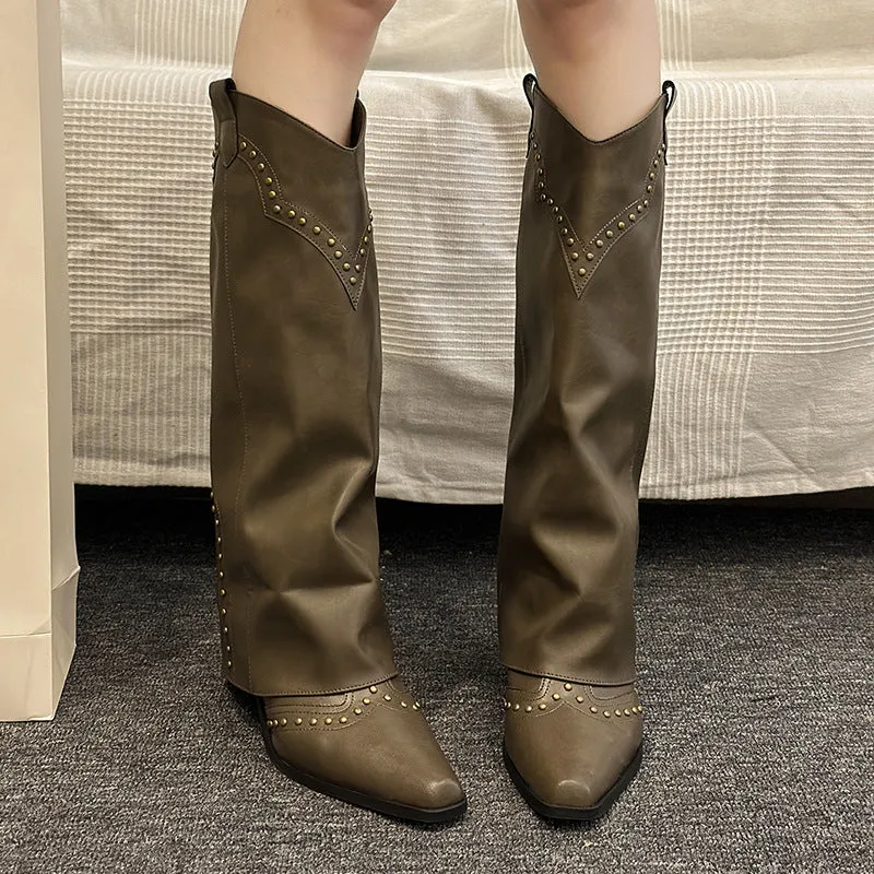 Vintage Brown Chunky Over-the-Knee V-Cut Martin Boots