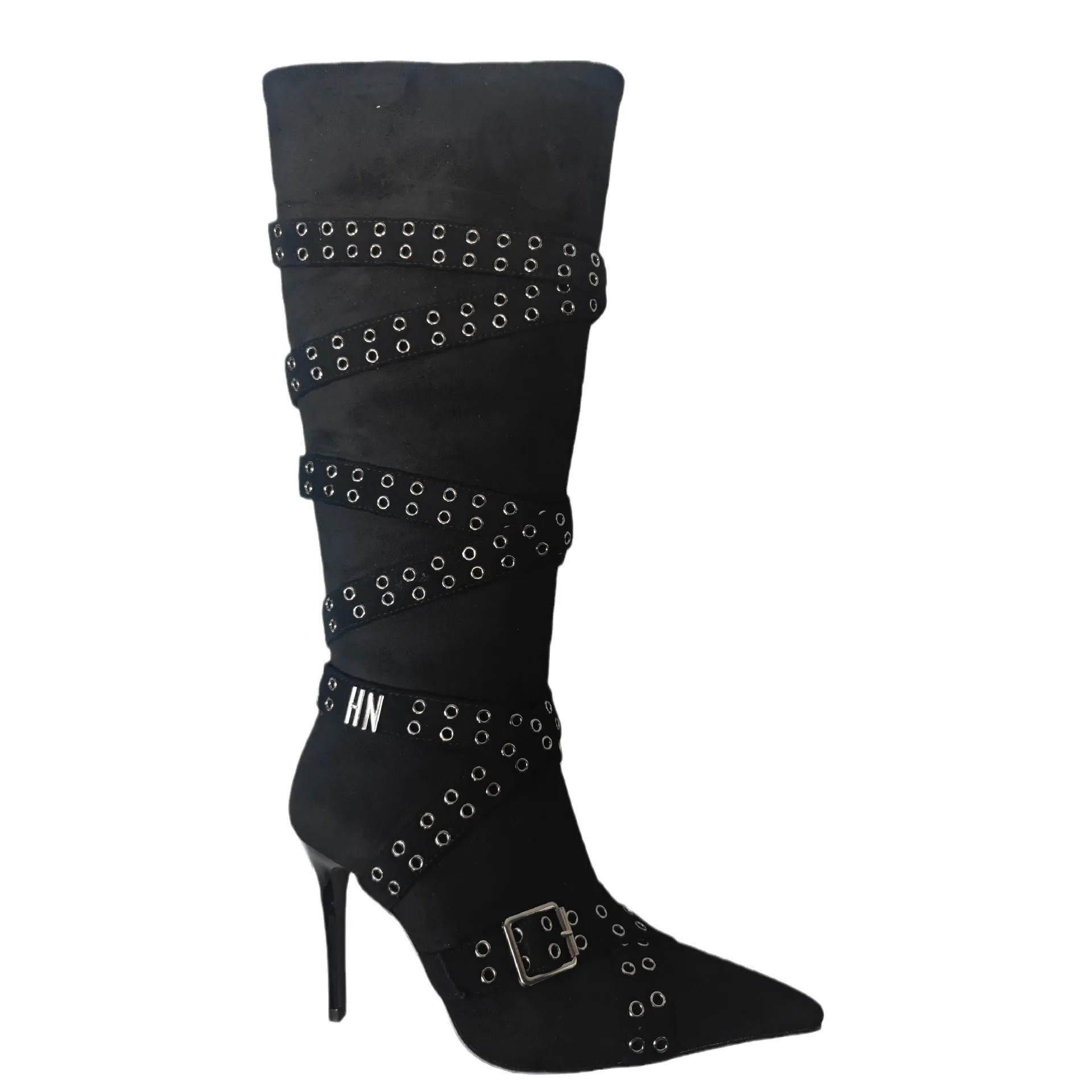 Vintage Buckled Pointed-Toe Rivet Motorcycle Boots