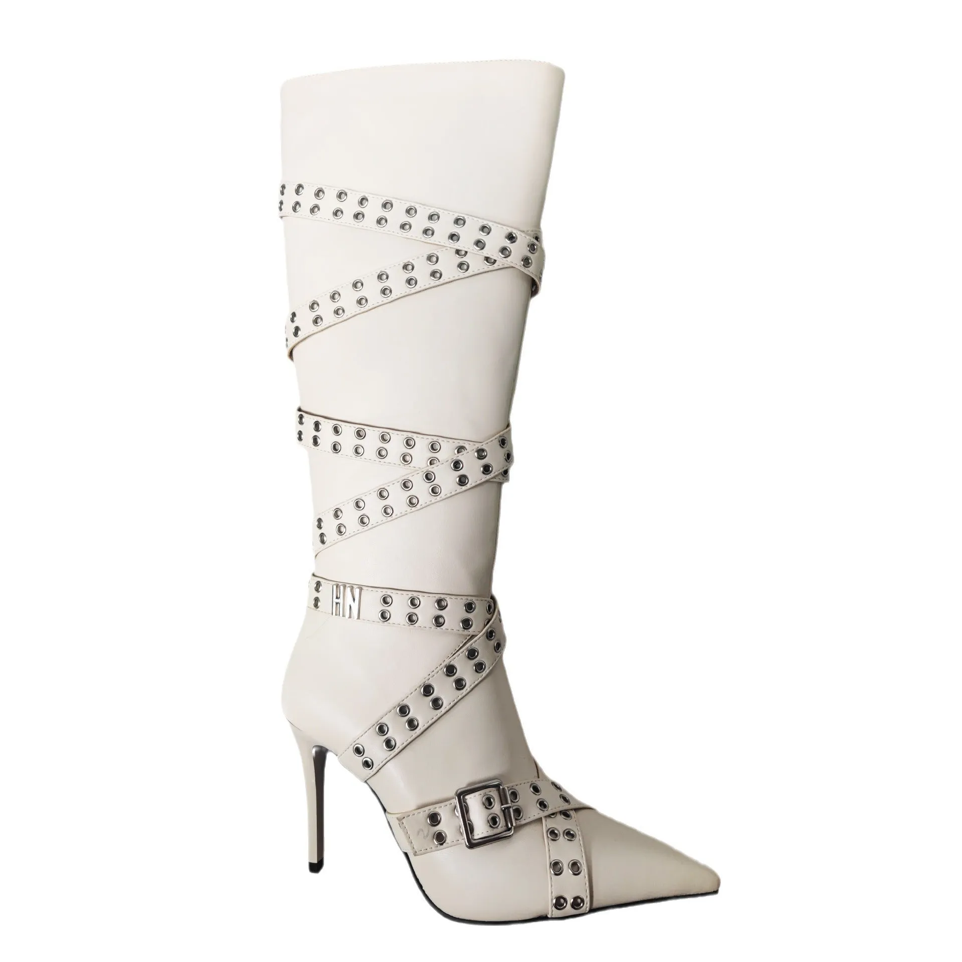Vintage Buckled Pointed-Toe Rivet Motorcycle Boots