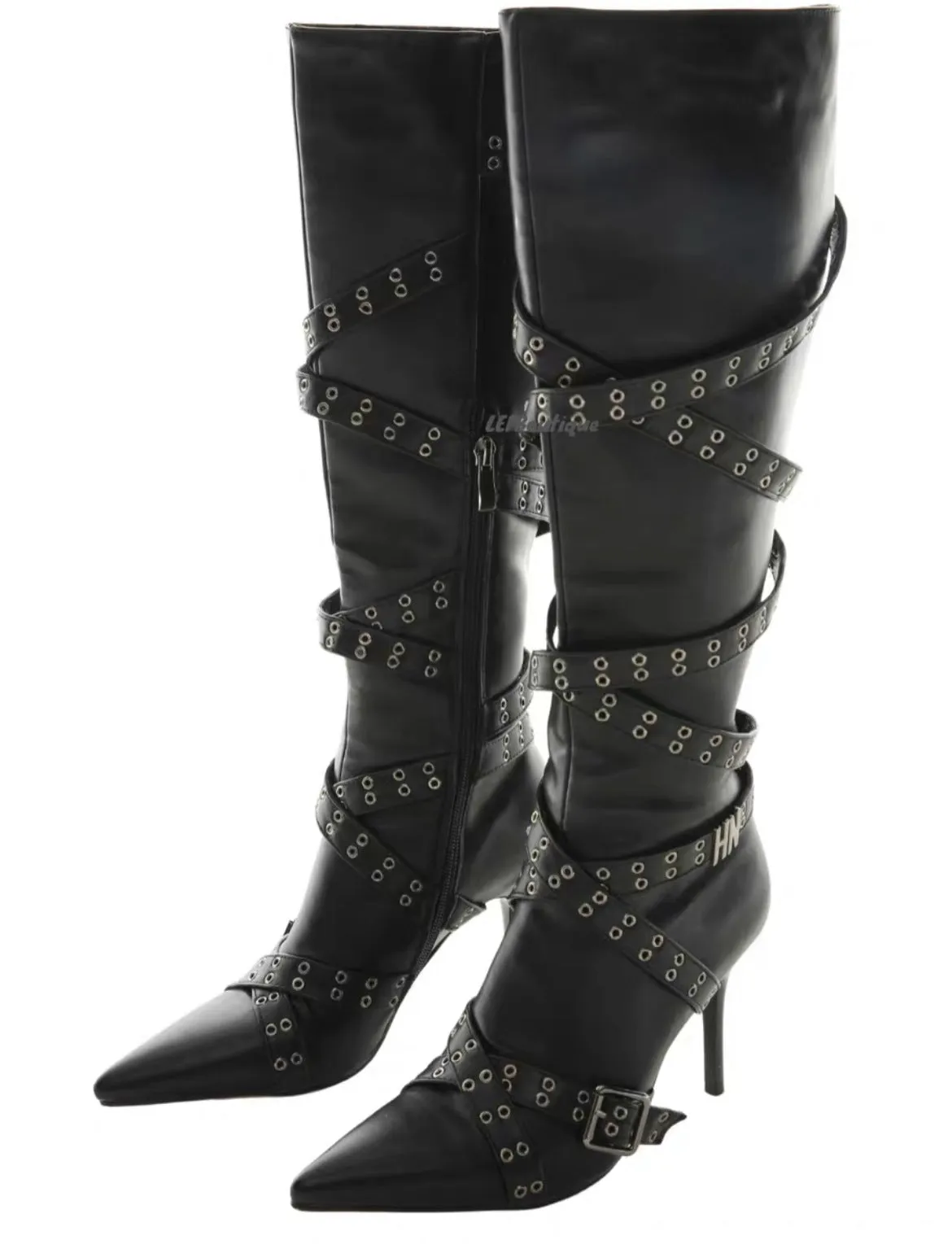 Vintage Buckled Pointed-Toe Rivet Motorcycle Boots