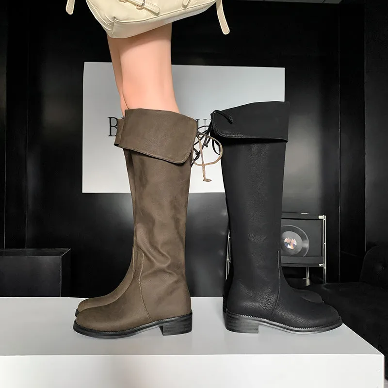 Vintage Scalloped Edges Over-the-Knee Leather Boots